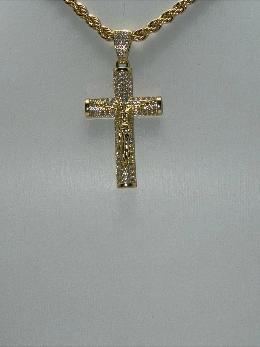 24 Inch Rope Chain CZ Cross Pendant Necklace 18k gold dipped, 14k stamped